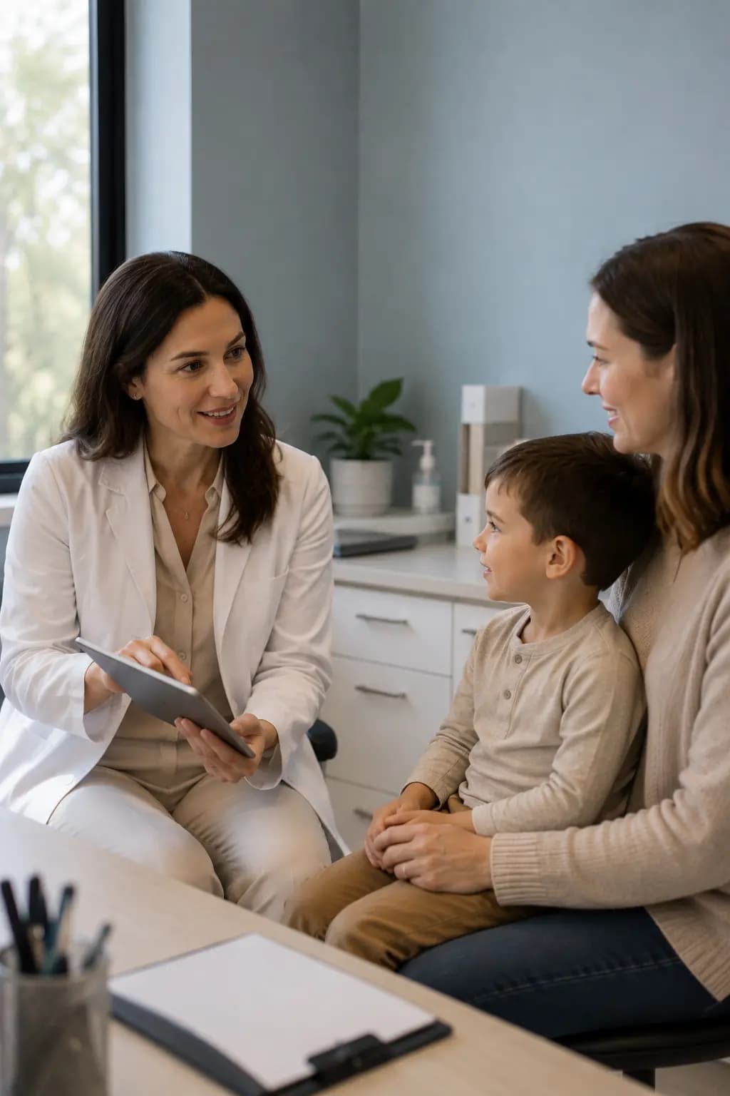 Pediatrician reviewing a patient chart at desk in natural light